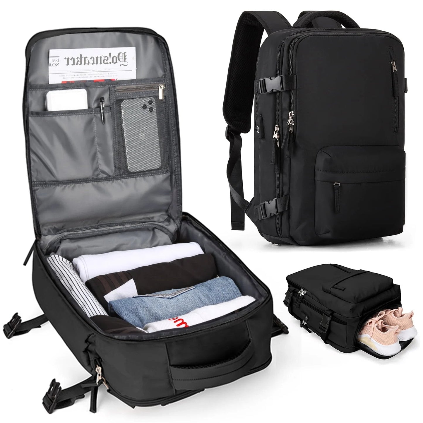 Smart Rejse Rygsæk til Kvinder 35L | Vandafvisende & USB Port | Sikkerhed & Sko Rum | Perfekt til Udflugter og Hverdagsbrug
