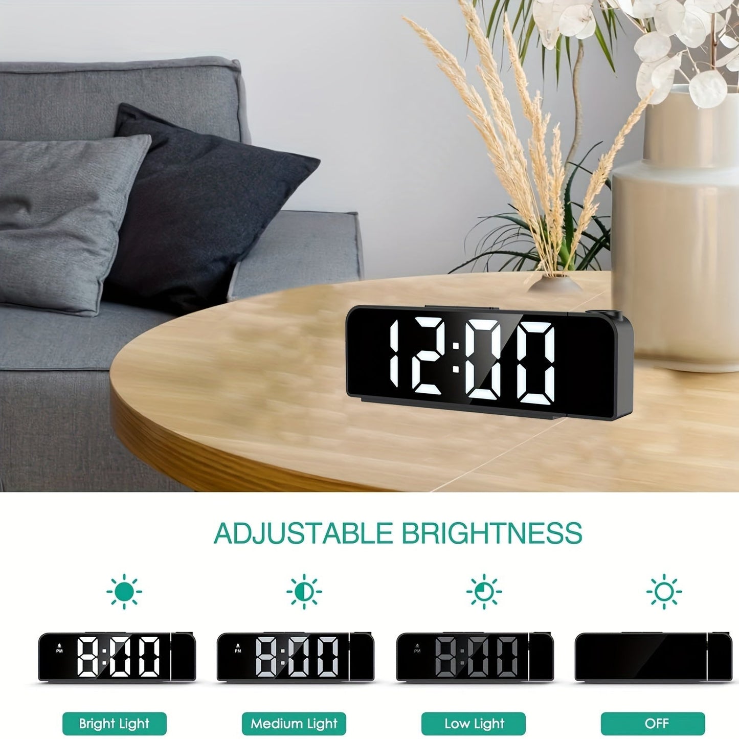LED-väckarklocka med projektor – Visar temperatur och datum, USB-strömförsörjning