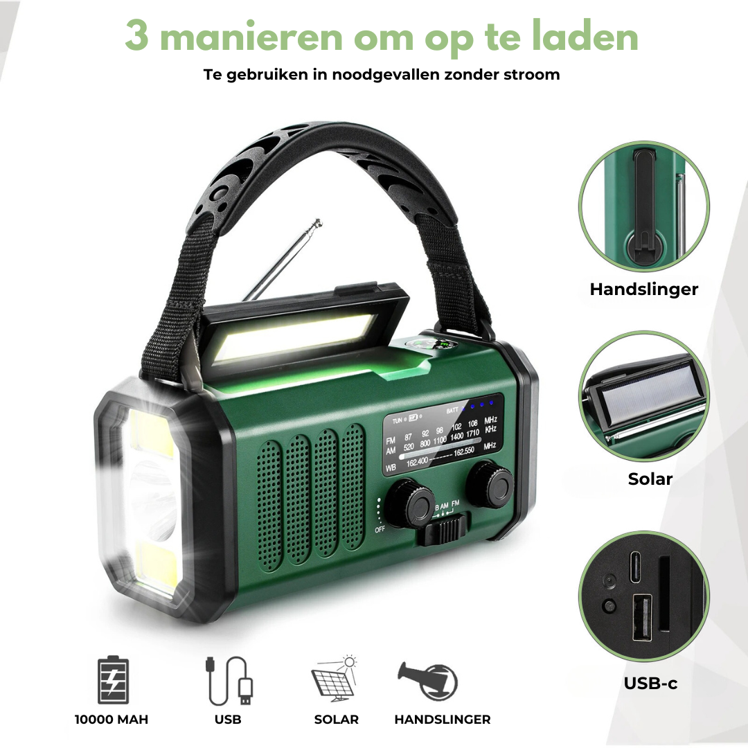 Professionell nödradio med sol- och manuell laddning – Robust och effektiv