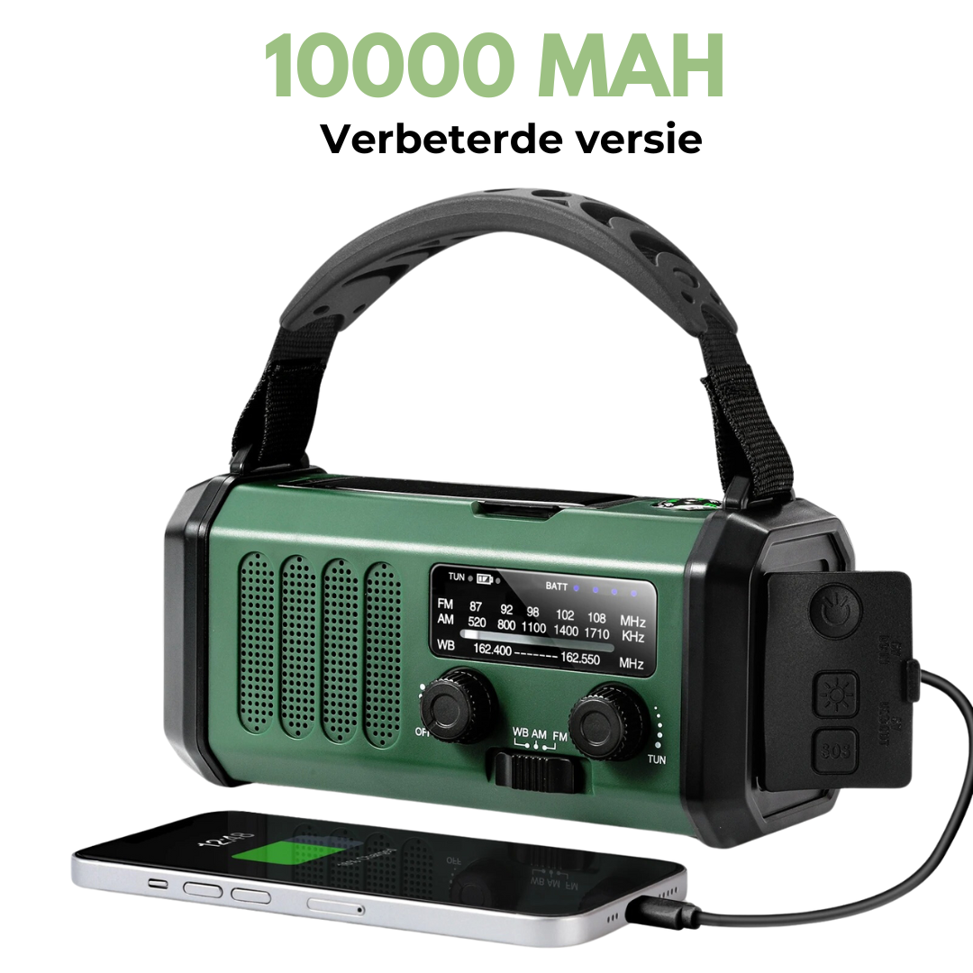 Professionell nödradio med sol- och manuell laddning – Robust och effektiv