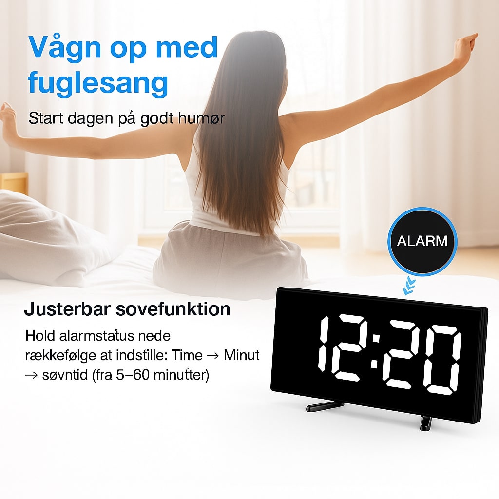 Digital Vækkeur med Buet Skærm og Automatisk Lys