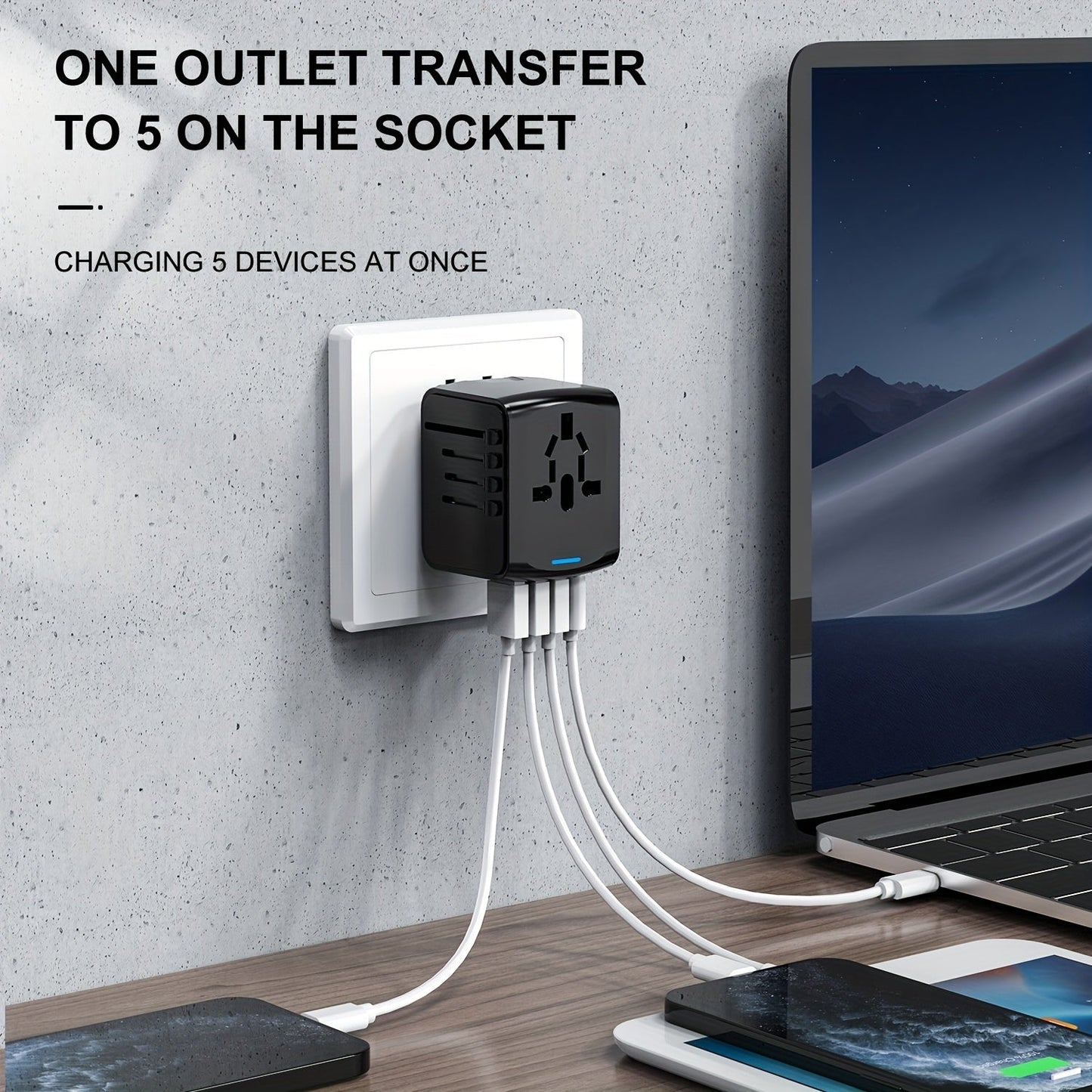 Rejseadapter med 4 USB & Type-C: Hurtig Opladning Globalt