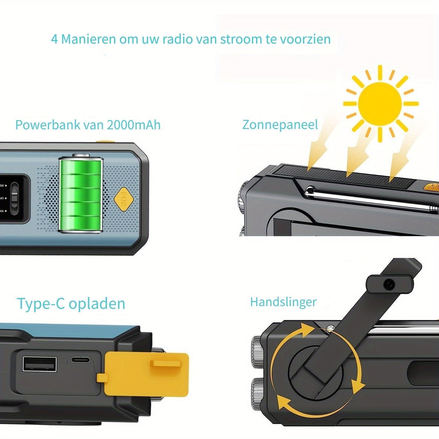 Bärbar radio med solpanel och LED-ficklampa
