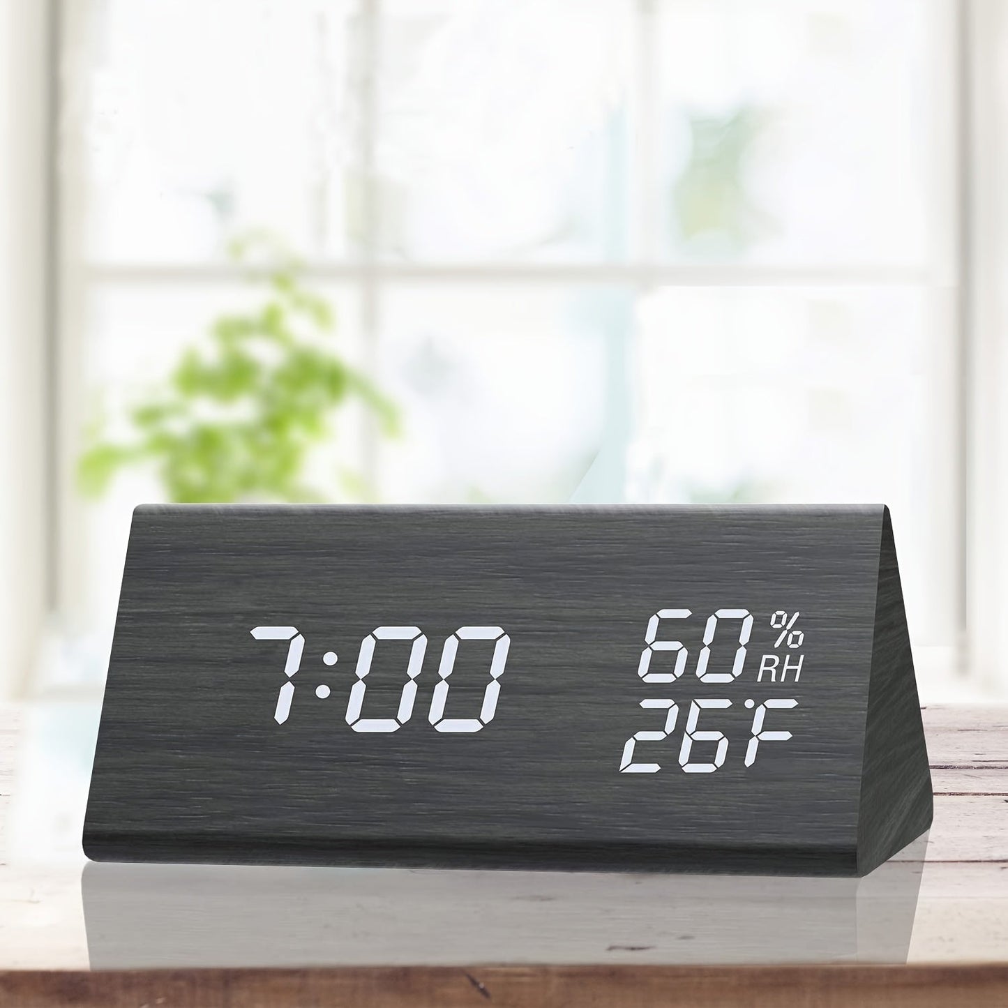 Elegant LED Trä Väckarklocka med Temperatur- och Fuktighetsmätare
