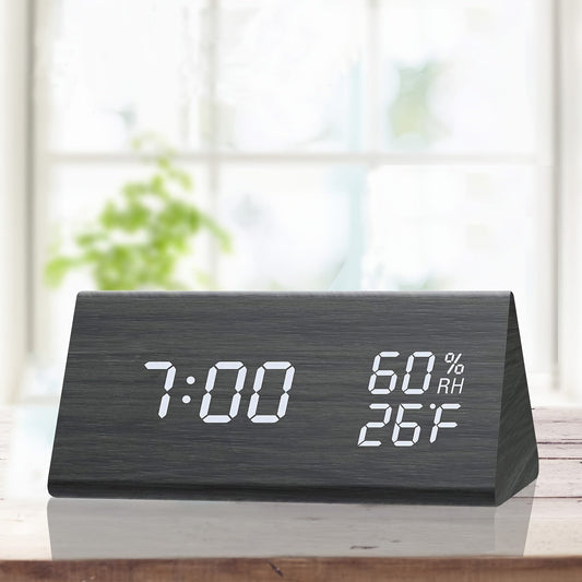 Elegant LED Trä Väckarklocka med Temperatur- och Fuktighetsmätare