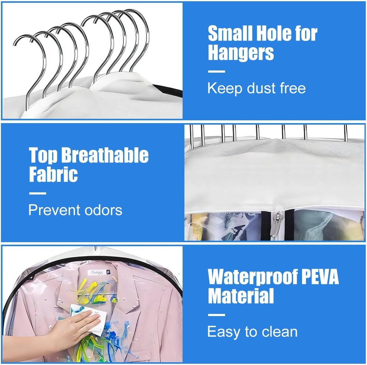 3-pack transparenta förvaringspåsar för kläder med dragkedja och kil