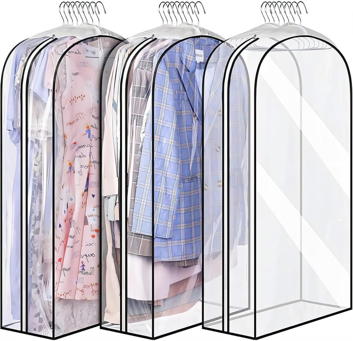 3-pack transparenta förvaringspåsar för kläder med dragkedja och kil
