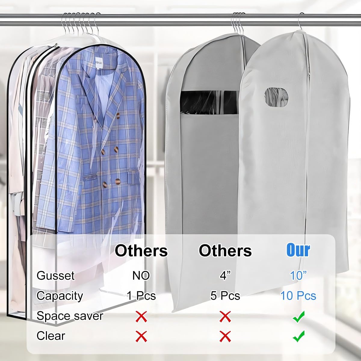 3-pack transparenta förvaringspåsar för kläder med dragkedja och kil