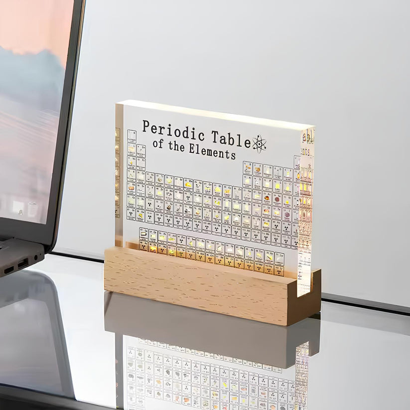Elegant 3D Akryl Udstilling med Ægte Elementer - Periodisk Tabel
