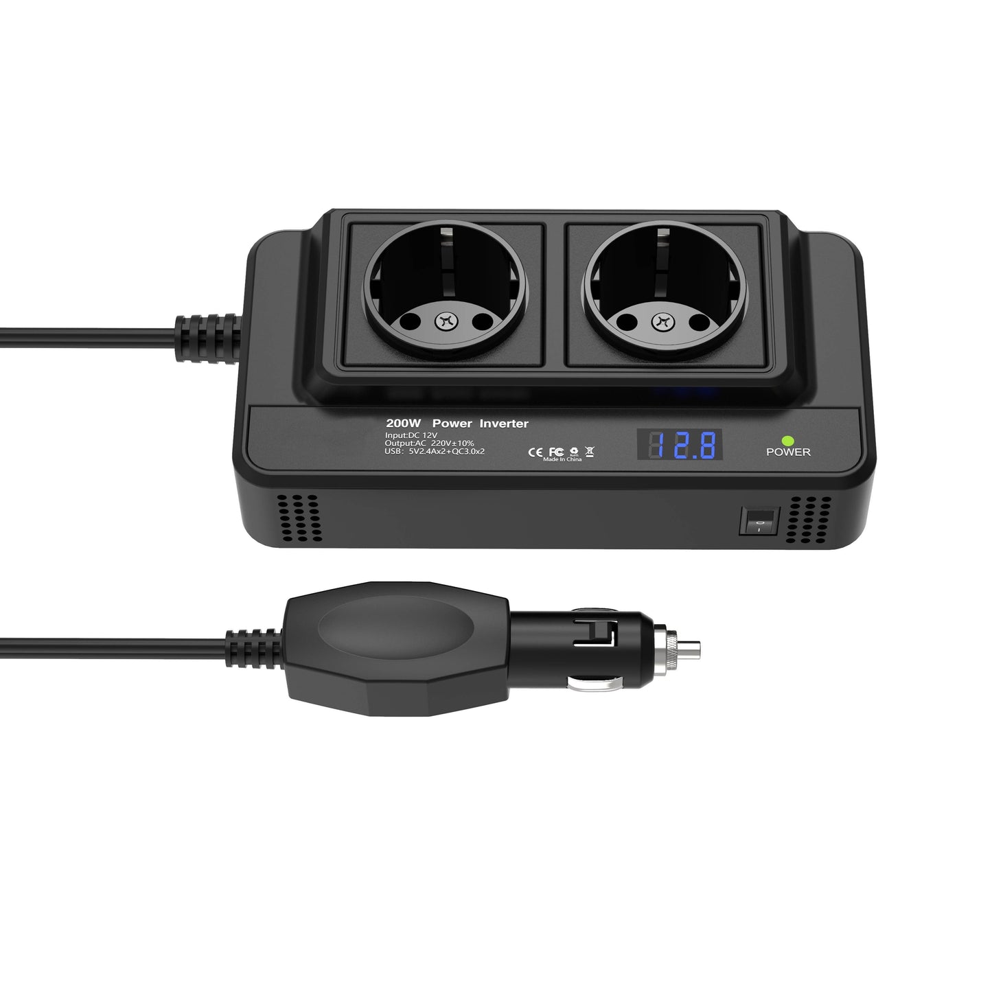 Kompakt 200W Bil Inverter – Dubbla Uttag och Fyra USB-portar