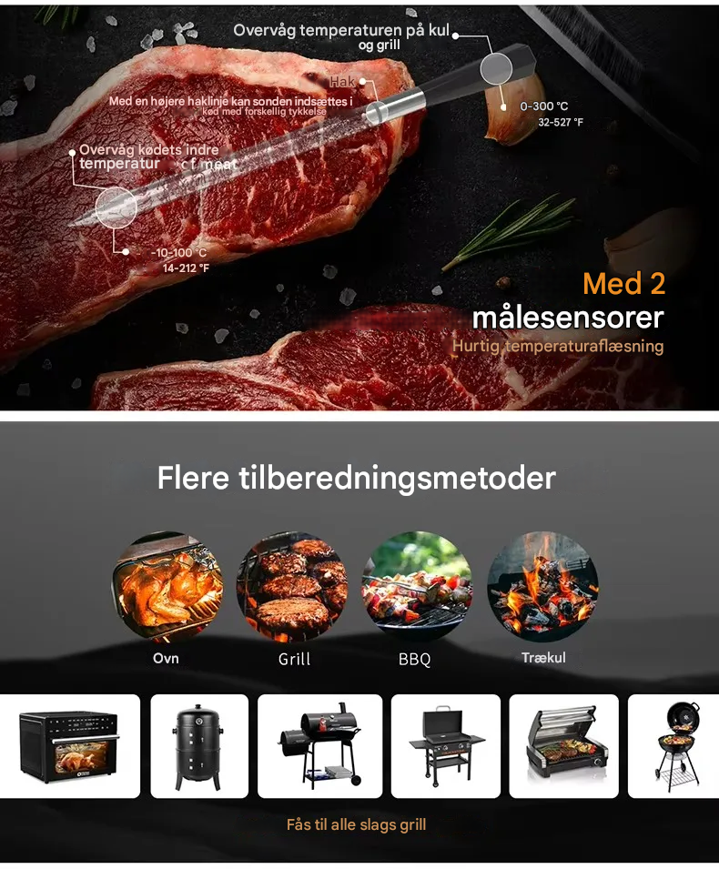 Trådløst Bluetooth-kødtermometer med dobbeltsensorer, IP67-keramisk probe og app-styring – Lang rækkevidde til grill, ovn og BBQ
