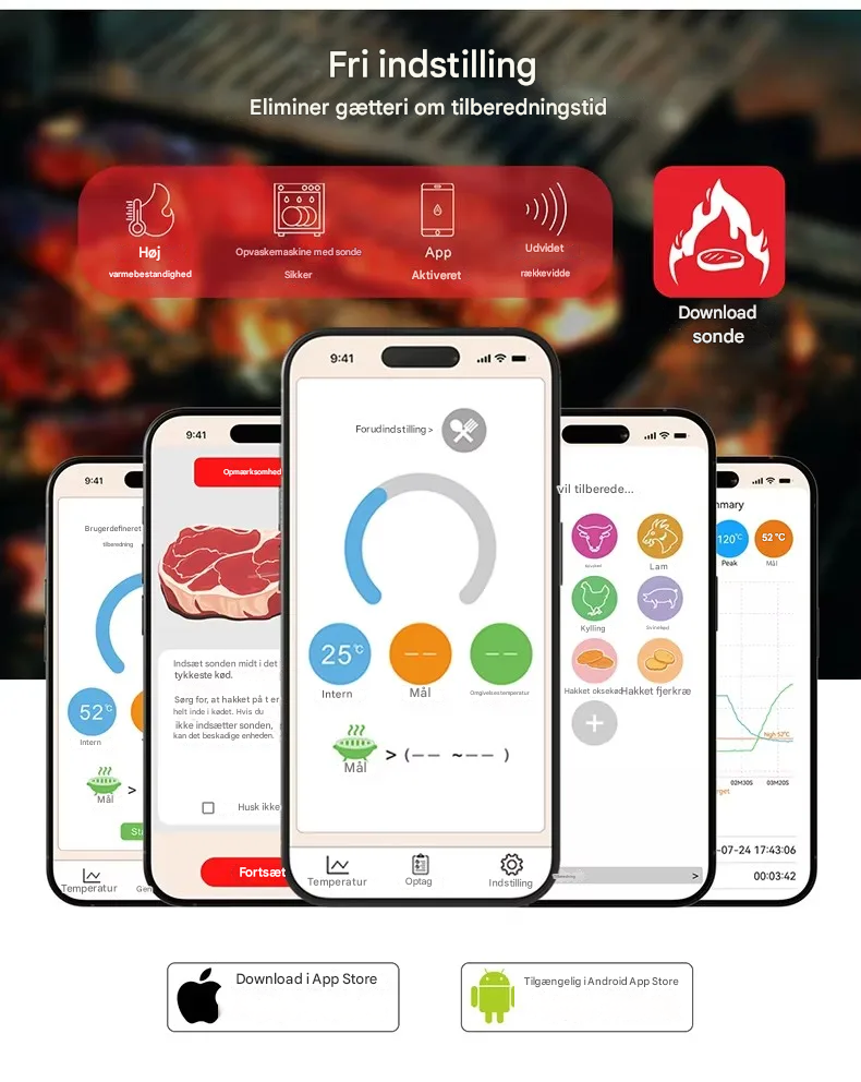 Trådløst Bluetooth-kødtermometer med dobbeltsensorer, IP67-keramisk probe og app-styring – Lang rækkevidde til grill, ovn og BBQ
