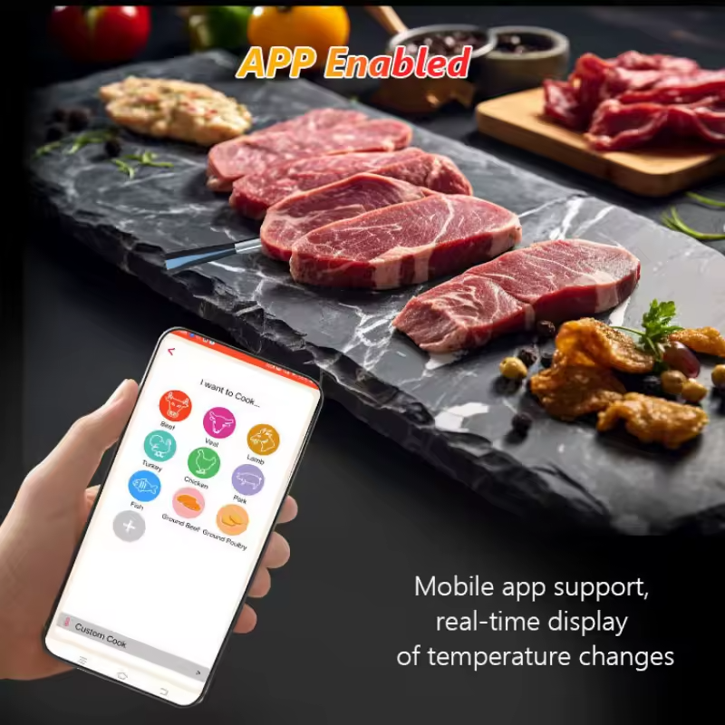 Trådløst Bluetooth-kødtermometer med dobbeltsensorer, IP67-keramisk probe og app-styring – Lang rækkevidde til grill, ovn og BBQ
