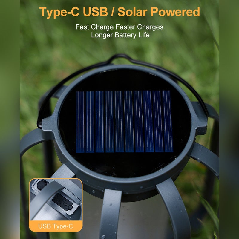 Solcelle- og USB-opladelig LED-lanterne med flammeeffekt