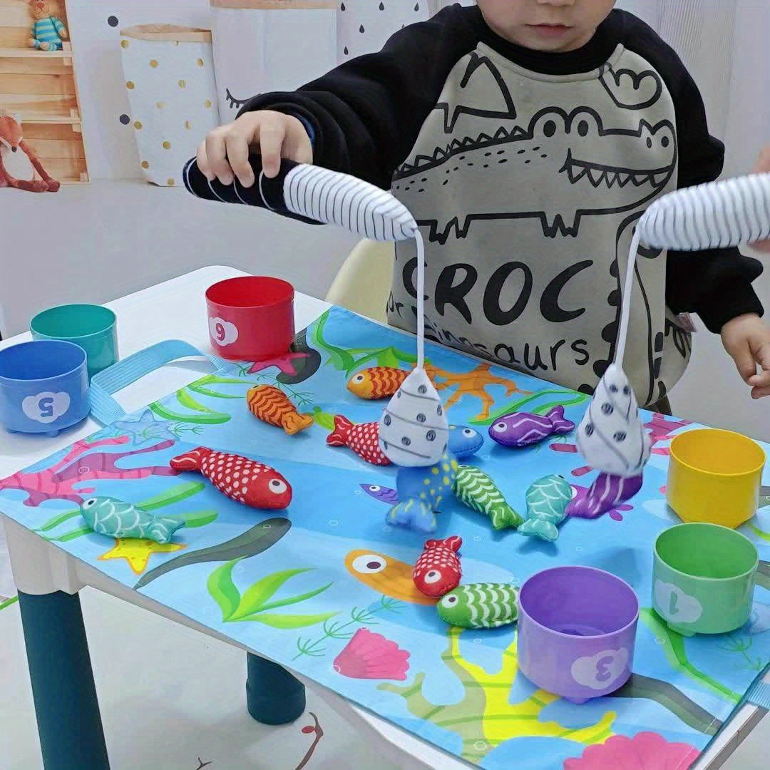 Sæt med Fiskespil i Stof til Børn – Stabelbare Krus og Plush Fisk