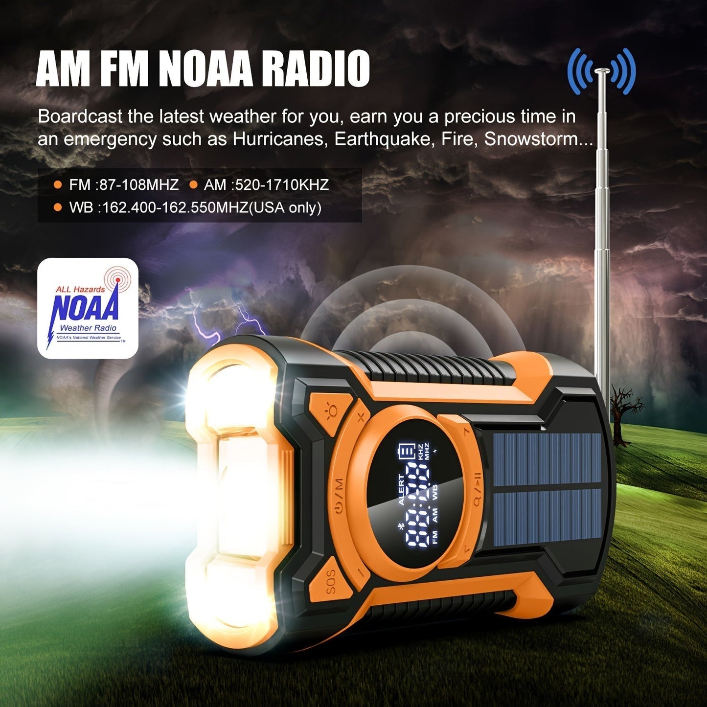 Multifunktionel nød-radio med solenergi og håndsving - perfekt til camping