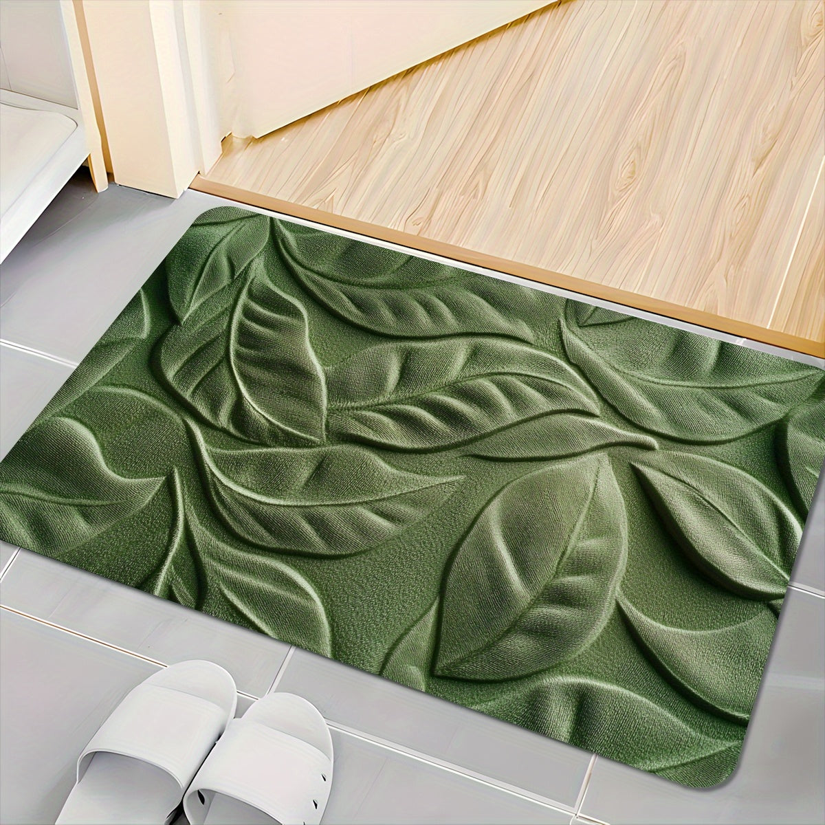 Diatomé Badrumsmatta med Grön Bladdesign – Snabbtorkande och Absorberande
