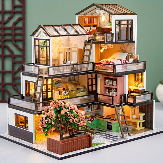 3D Miniatyr Villa Pusselset – Gör Det Själv med LED-belysning och Detaljerade Interiörer