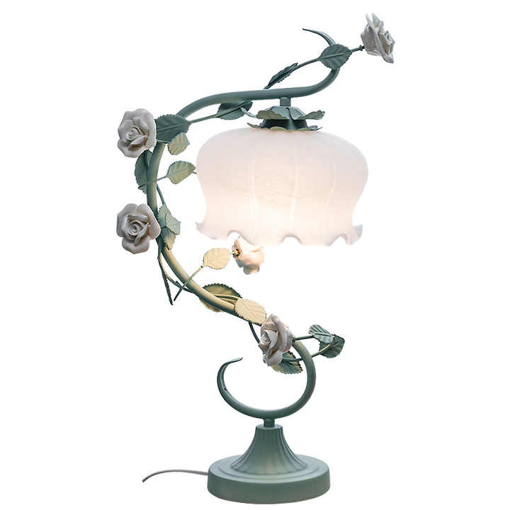 Romantisk Bordlampe i Glas med Ægte Rosendesign