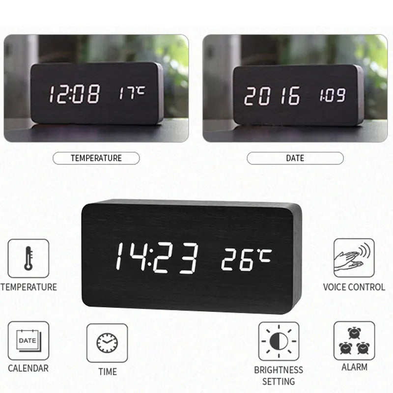 Digital Træ Vækkeur med Tre LED - Elegant med Temperaturvisning
