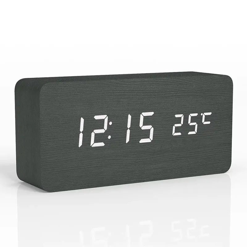 Digital Træ Vækkeur med Tre LED - Elegant med Temperaturvisning