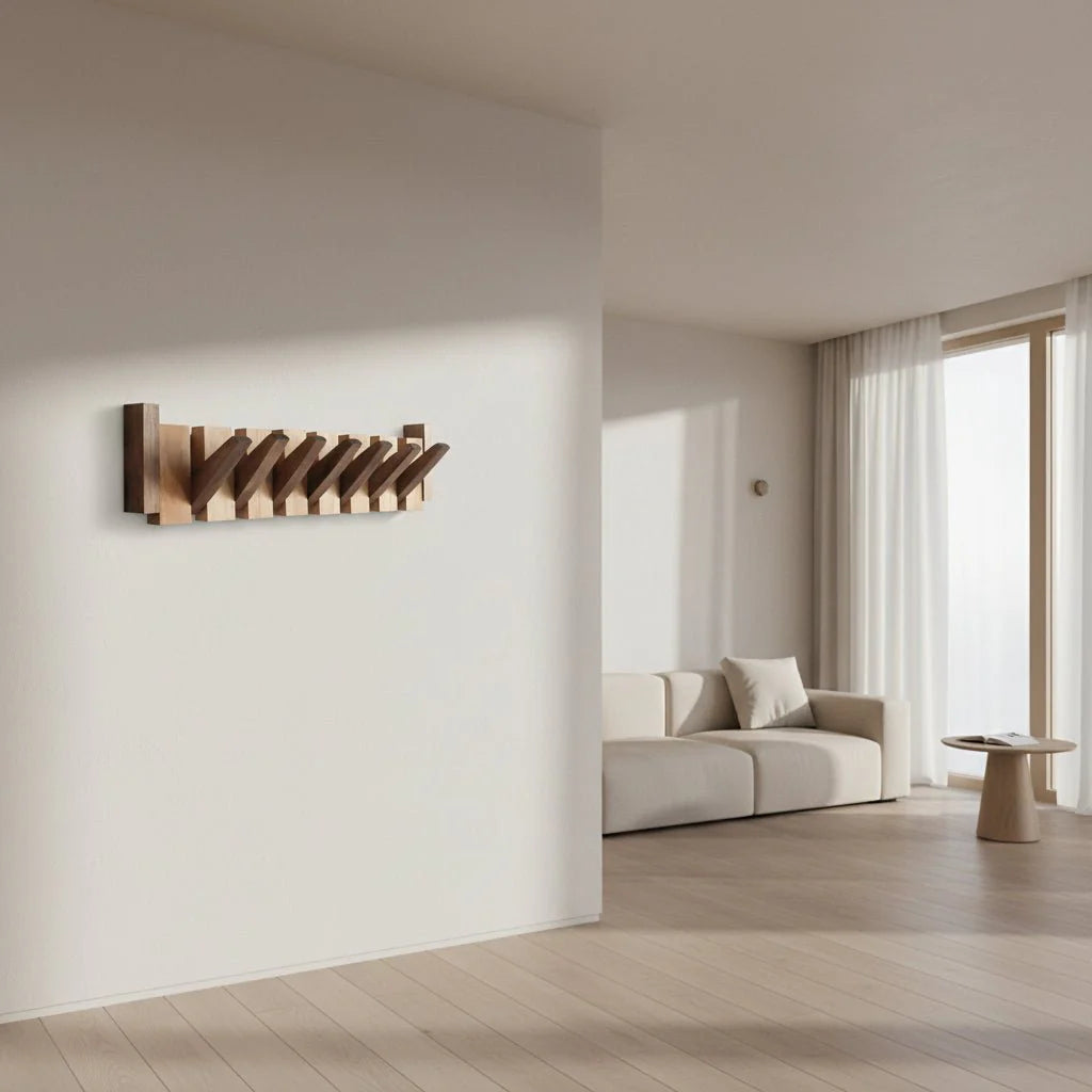 Elegant väggmonterad klädhängare i trä – Platsbesparande design