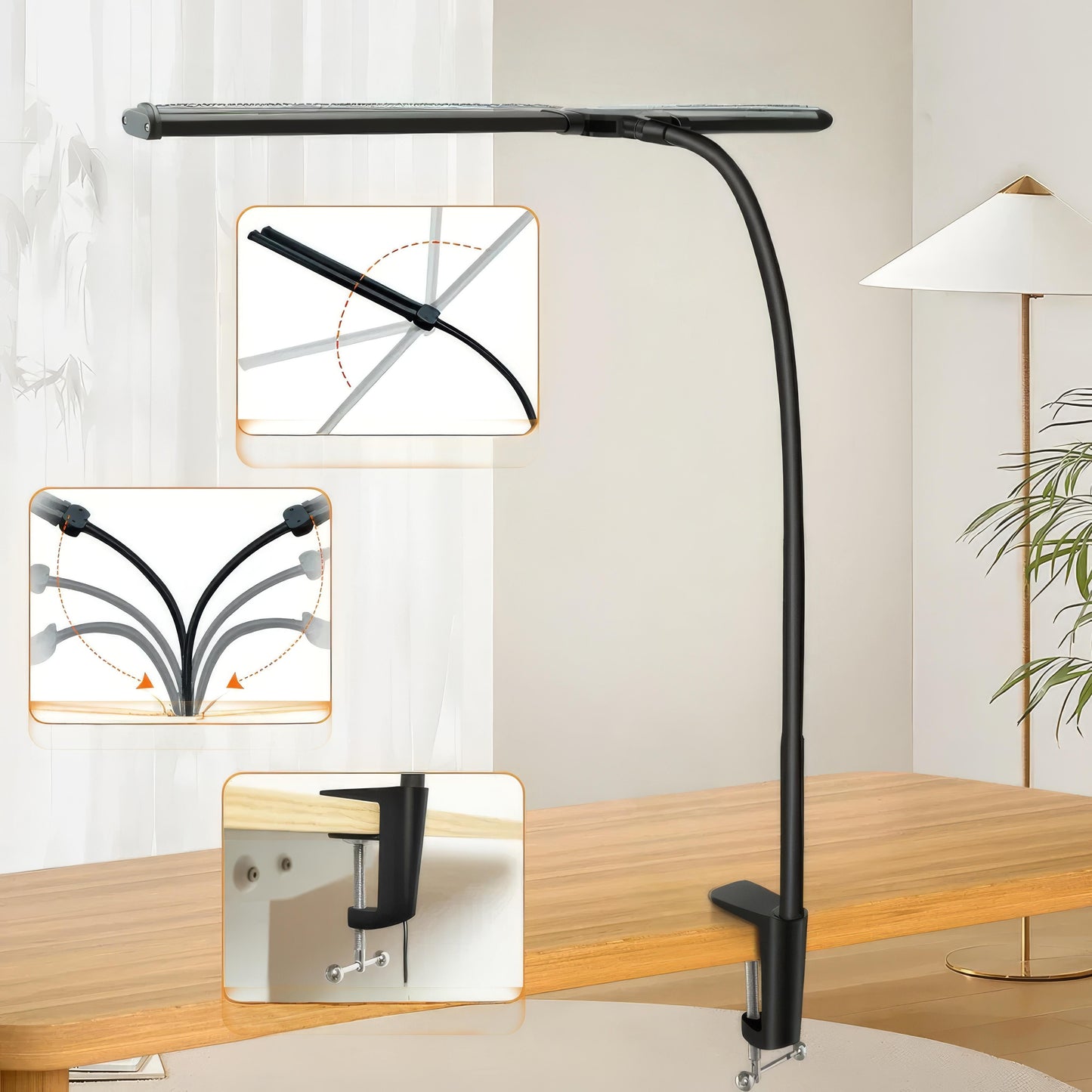 Flexibel LED-skrivbordslampa med dubbelt huvud och dimning