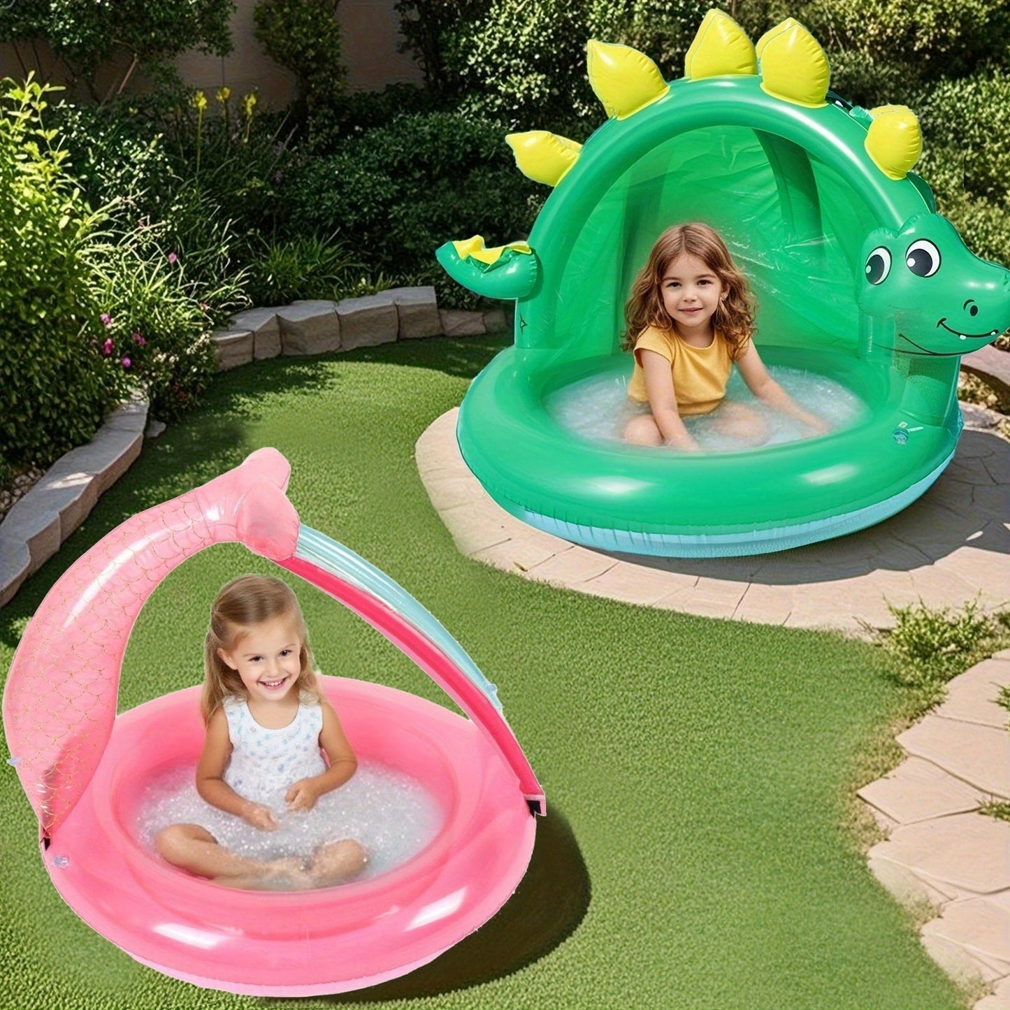 Barnvänlig uppblåsbar pool i dinosaurieform med parasoll