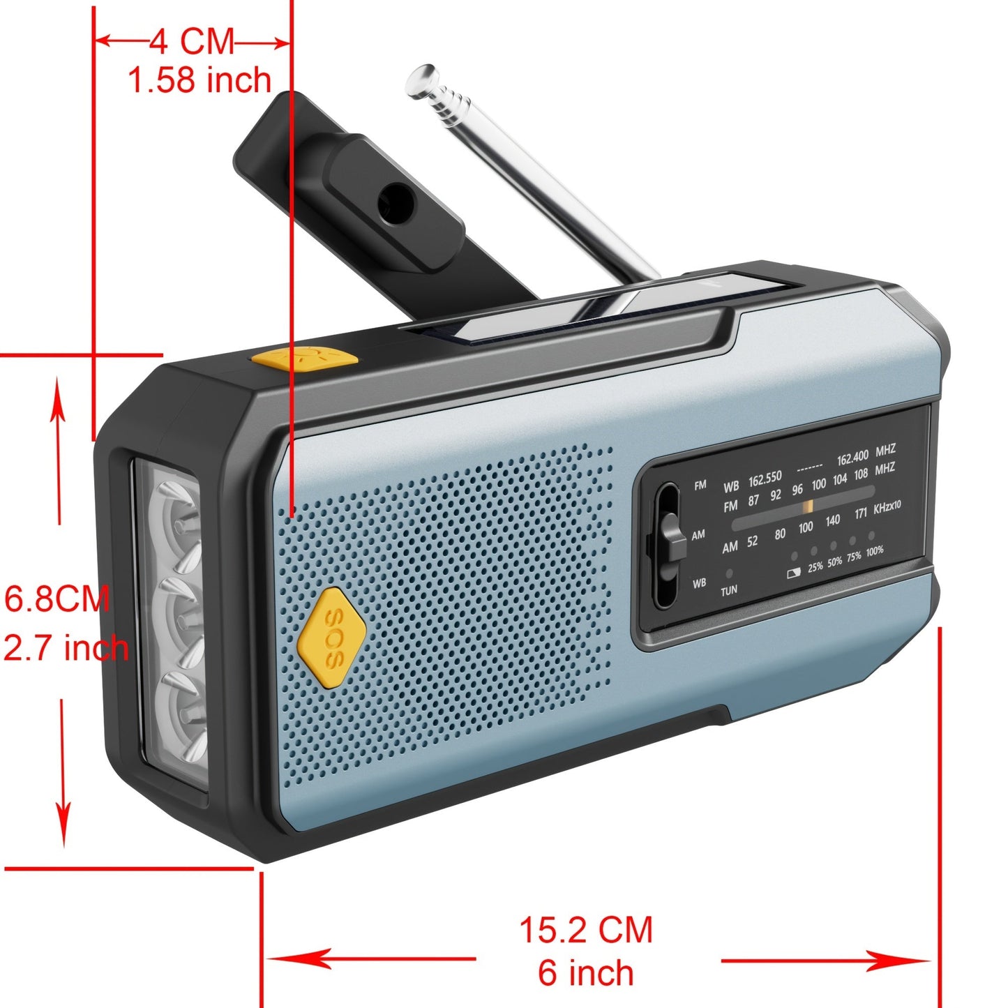 Bärbar radio med solpanel och LED-ficklampa