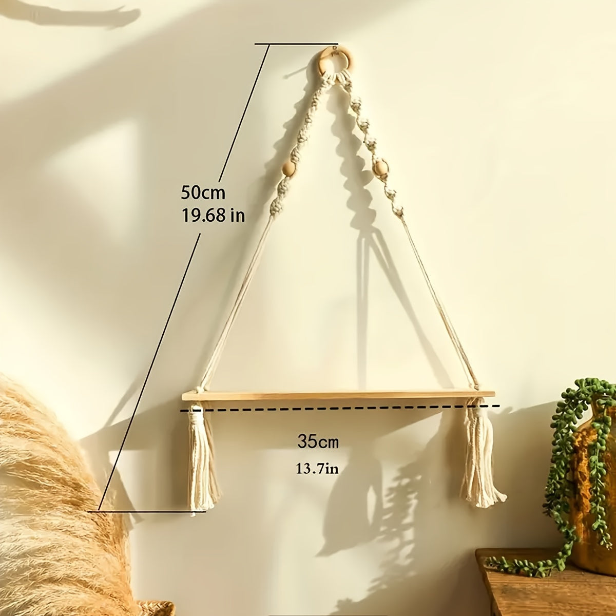 Boho Væghylde i Makramé – Håndlavet Træhylde med Snoredesign