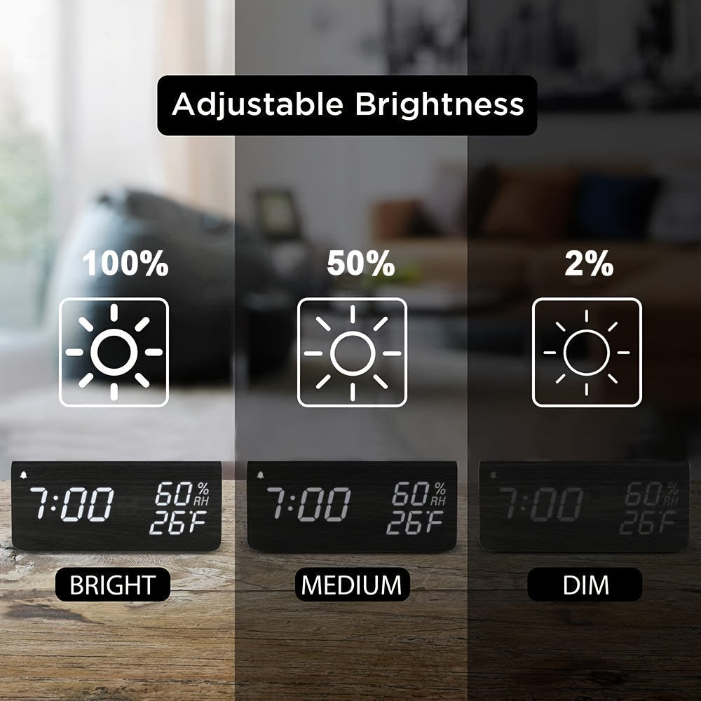 Elegant LED Trä Väckarklocka med Temperatur- och Fuktighetsmätare