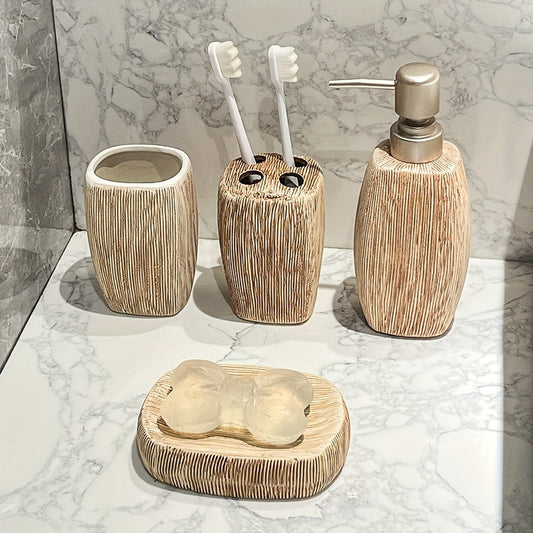 Elegant badrumsset i keramik med trälook – Naturlig lyx för ditt badrum