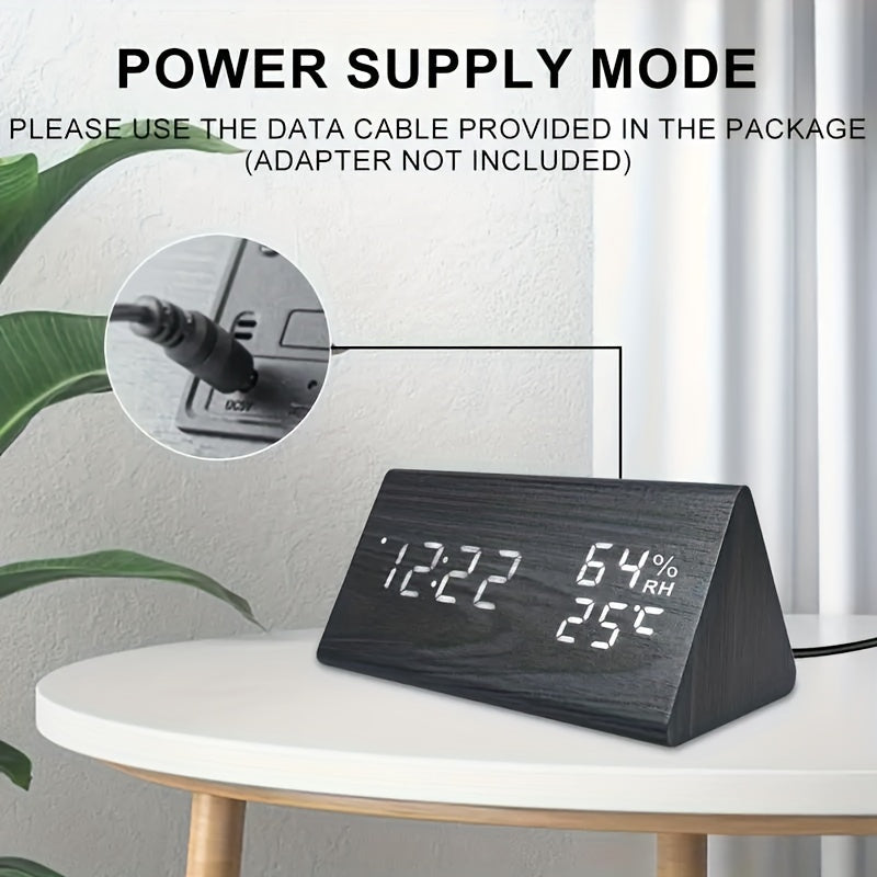 Elegant LED Trä Väckarklocka med Temperatur- och Fuktighetsmätare