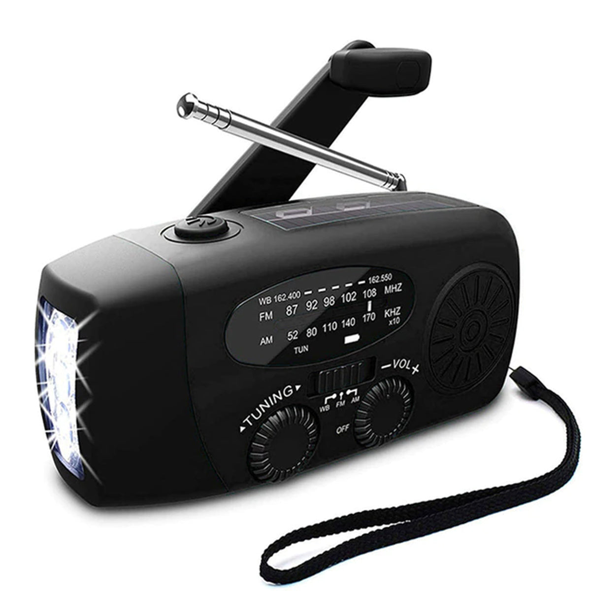 Nödradio med vev, solpanel och powerbank