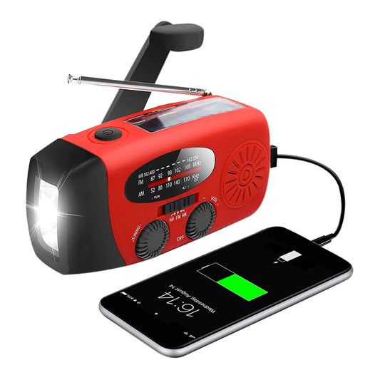 Nødradio med håndsving, solpanel og powerbank