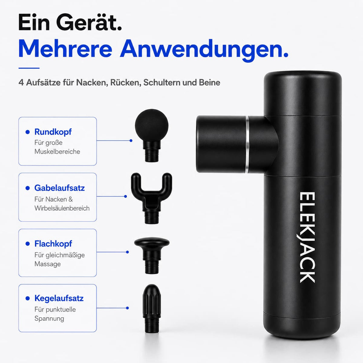 Kompakt Muskelmassageapparat med 4 vedhæftninger og 4 intensitetsniveauer