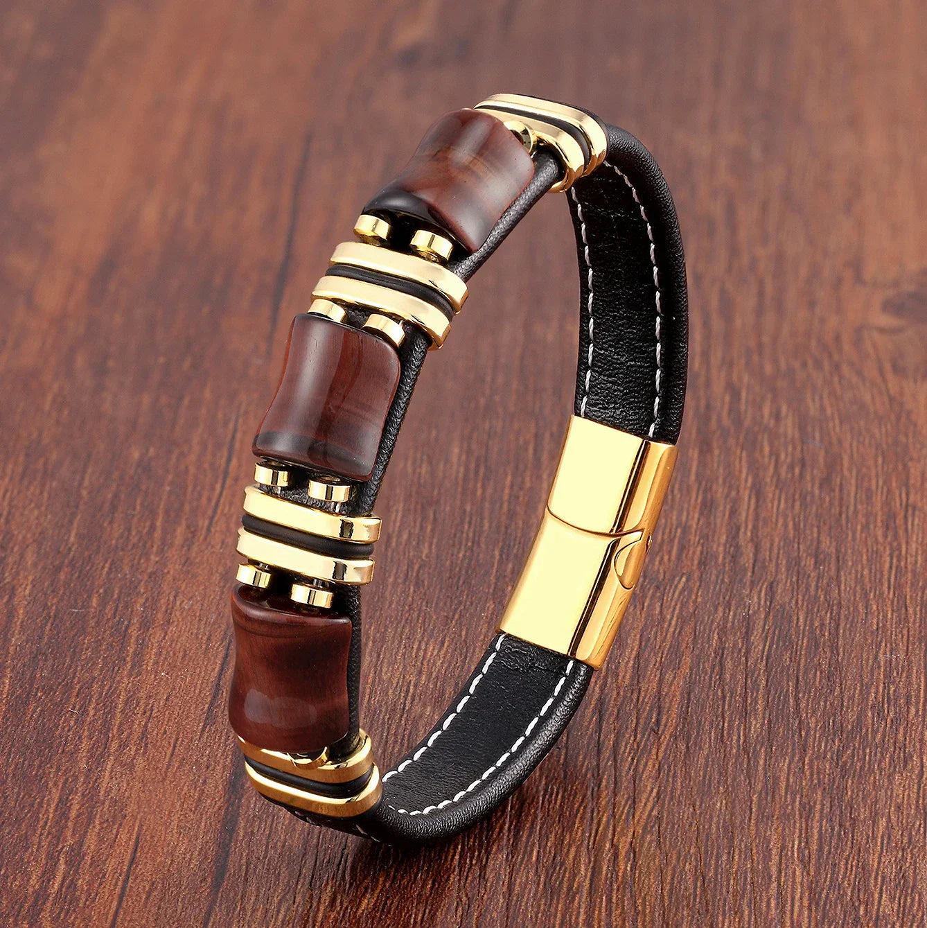 Elegant Tigeröga Armband i Läder för Män - Justerbar Komfort