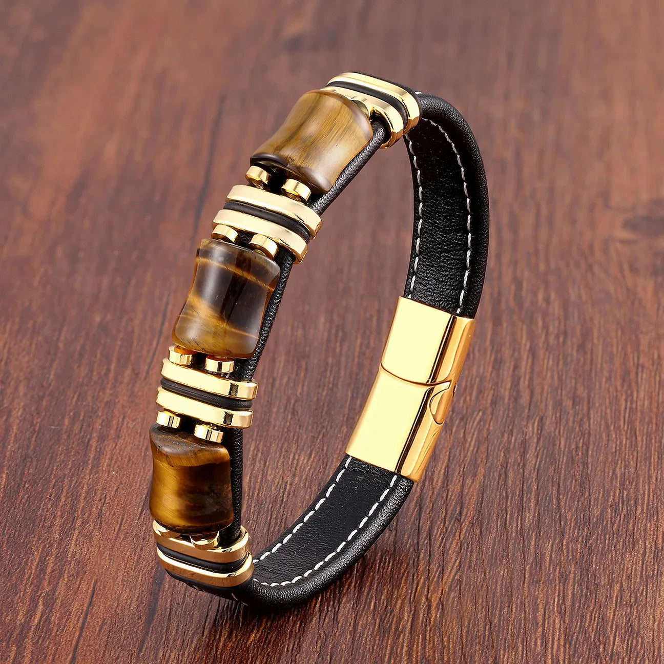 Elegant Tigeröga Armband i Läder för Män - Justerbar Komfort