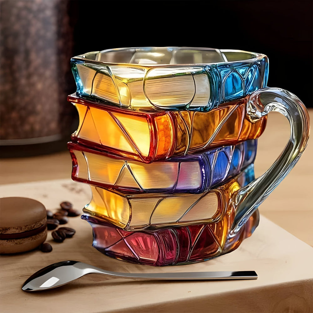 Glassmugg med 3D-boktravedesign – perfekt för läshörnan