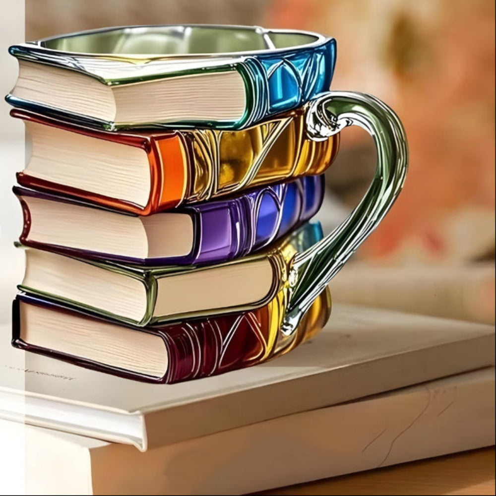 Glassmugg med 3D-boktravedesign – perfekt för läshörnan