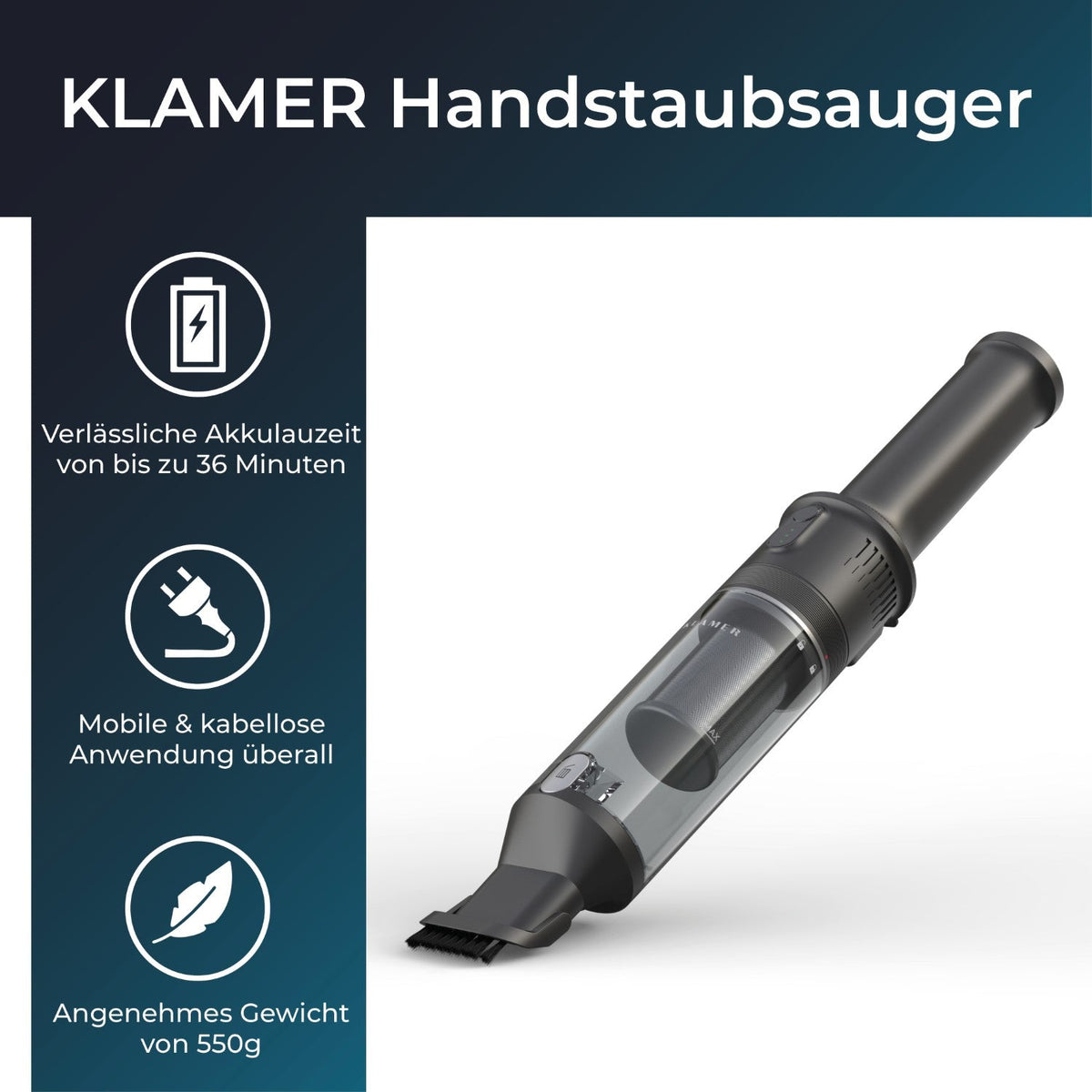 Trådløs håndstøvsuger 140 Watt med 16.000 Pa og HEPA-filter