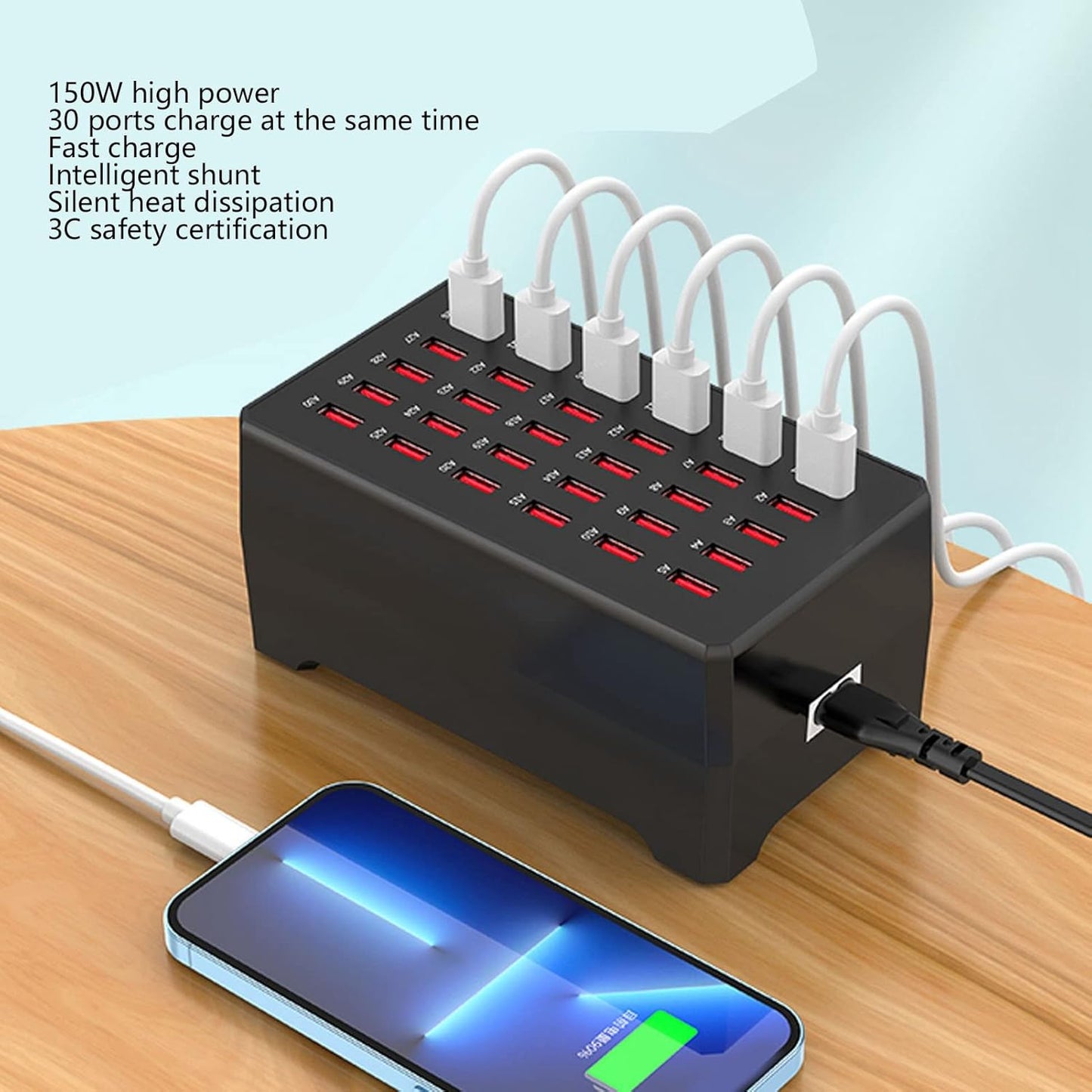 Effektiv USB-laddningsstation med 30 portar för flera enheter