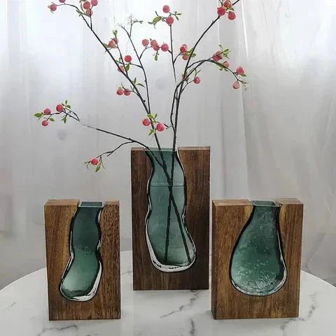 Minimalistisk Vase i Træ og Glas | Naturlig Elegance
