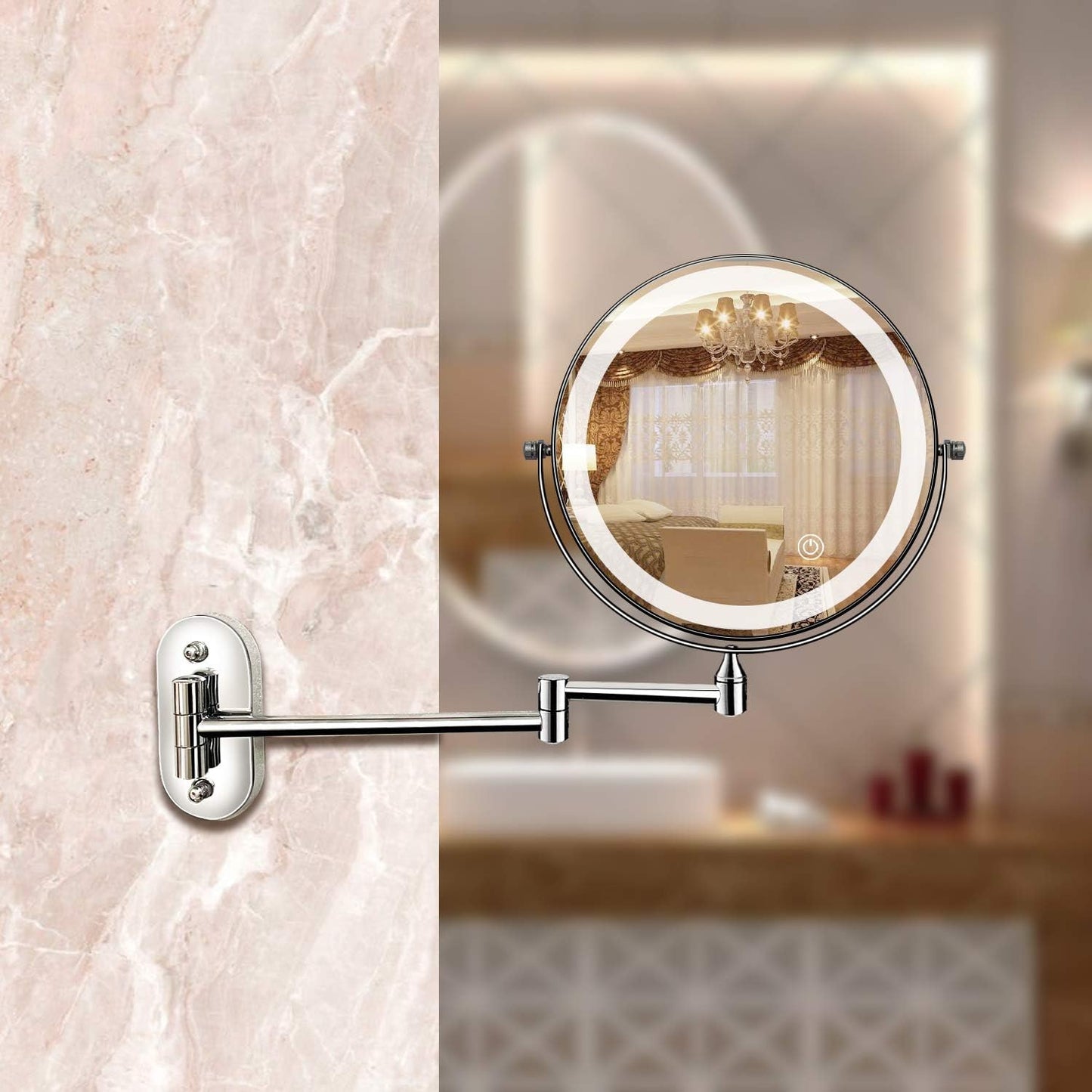 Elegant LED Väggspegel med Justerbar Belysning och Förstoring