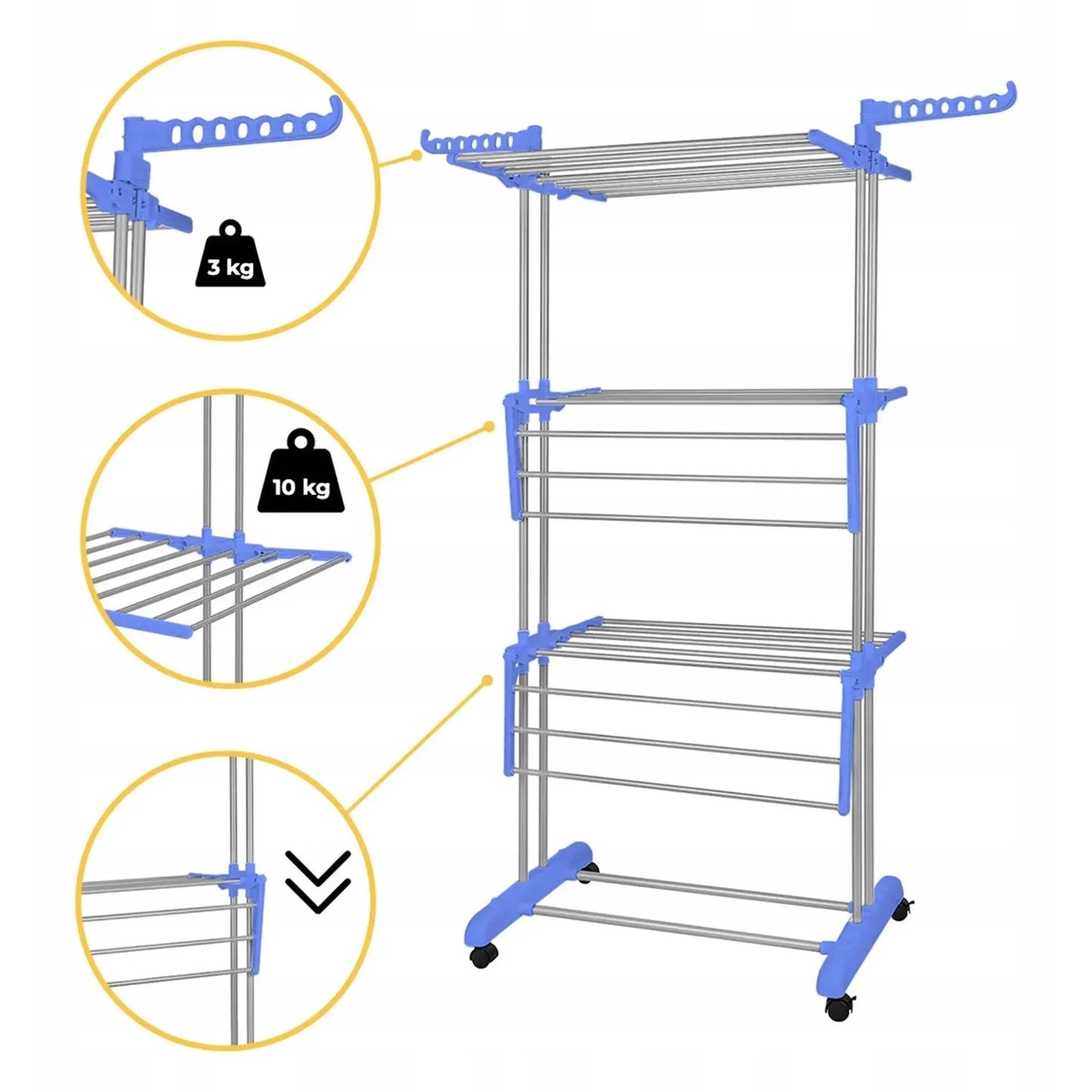 Foldable og pladsbesparende vasketøjsstativ med 4 niveauer og justerbare sidefløje