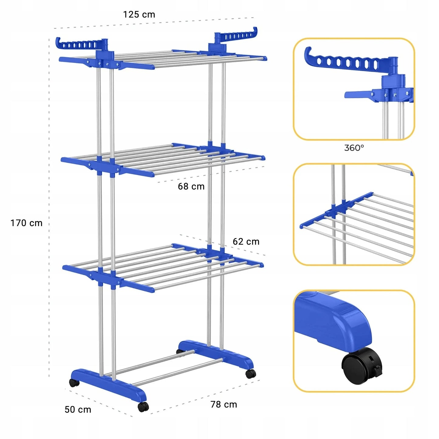 Foldable og pladsbesparende vasketøjsstativ med 4 niveauer og justerbare sidefløje