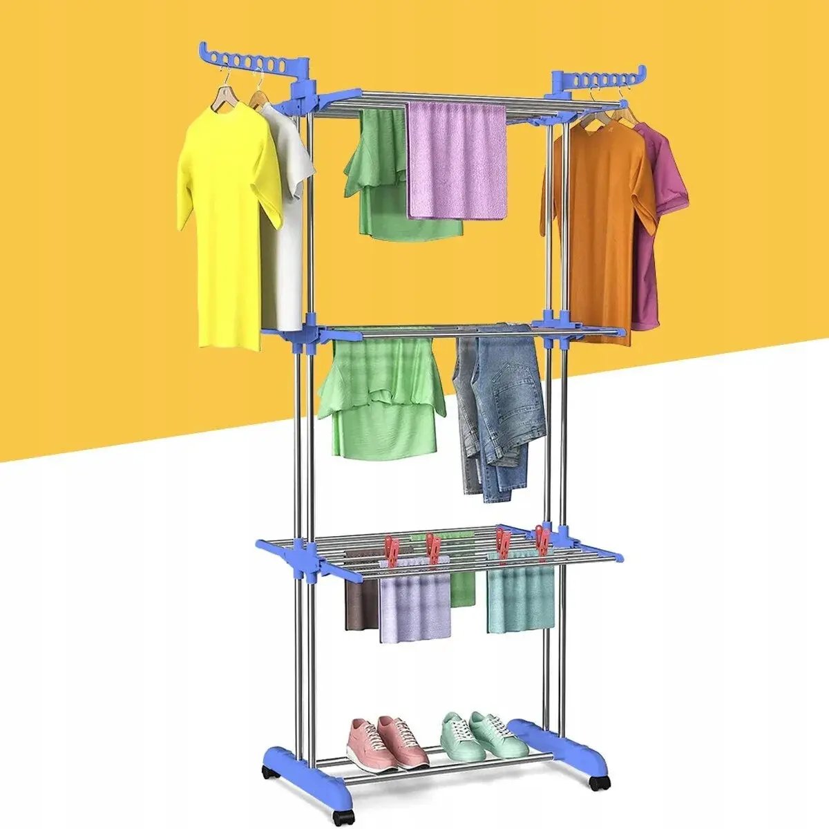Foldable og pladsbesparende vasketøjsstativ med 4 niveauer og justerbare sidefløje