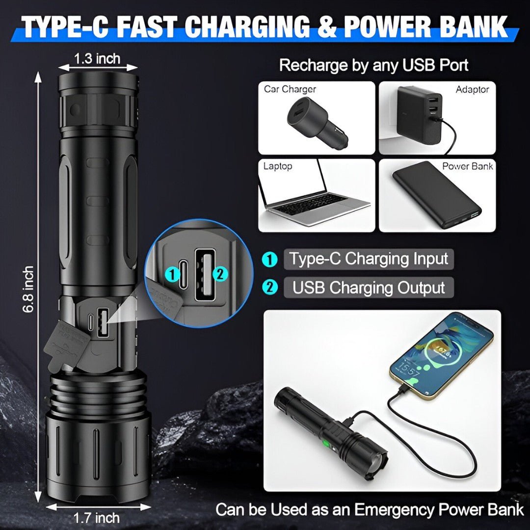 Uppladdningsbar LED-ficklampa med 100 000 lumen och powerbank