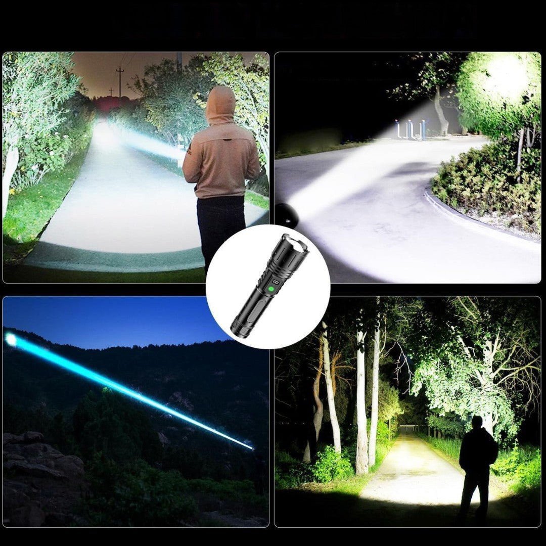 Uppladdningsbar LED-ficklampa med 100 000 lumen och powerbank