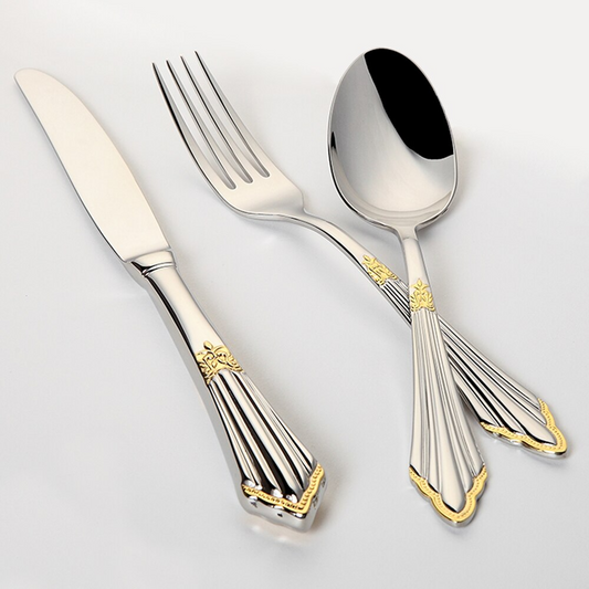 Elegant bestickset i rostfritt stål med guldfinish – LuxCut